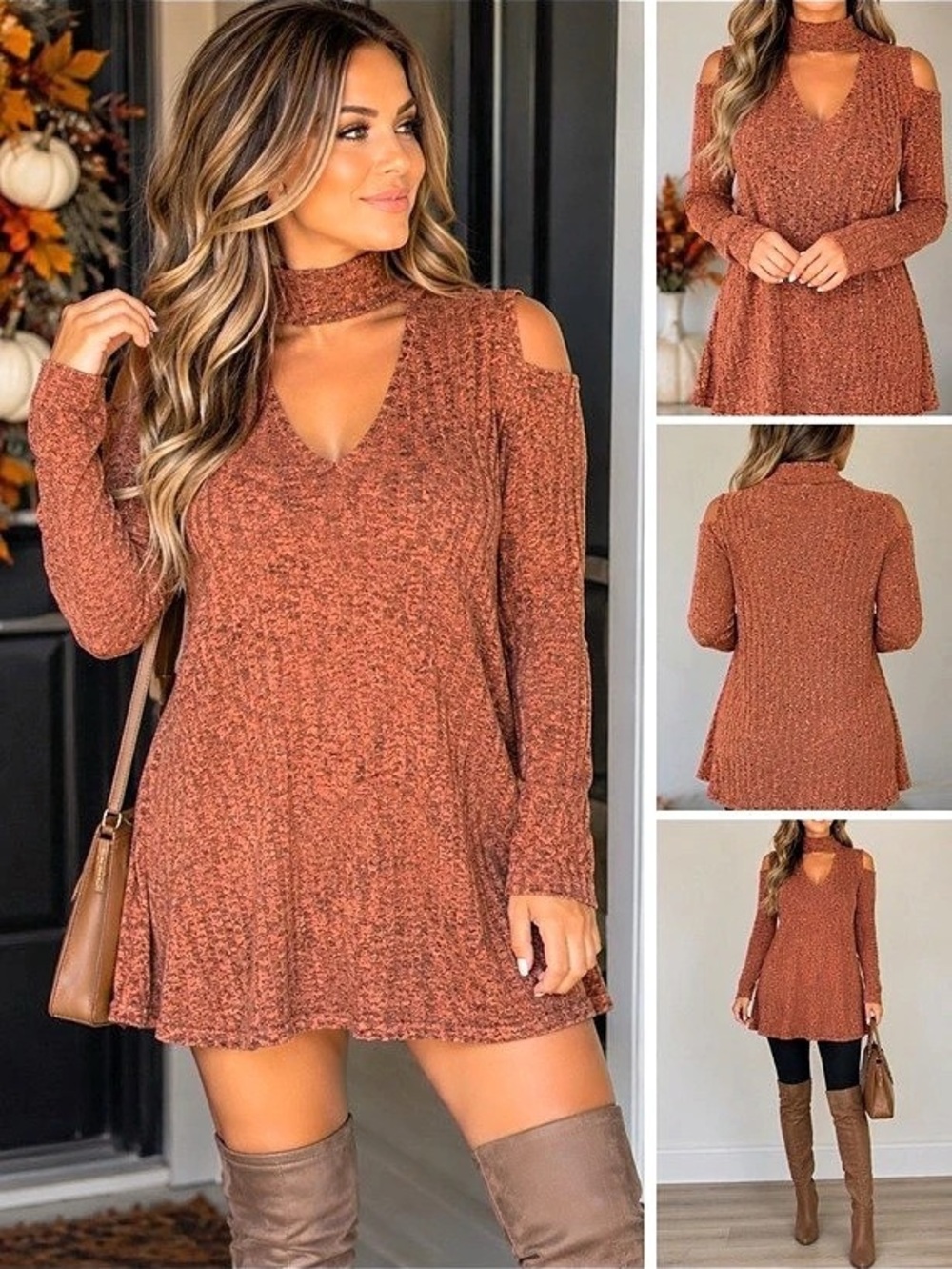 Maronie Choker Ribbed Knit Tunic Dress Sweater